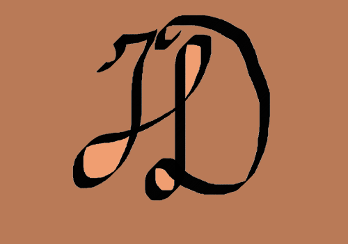 Lettres majuscules J et D entrelacées écrites en noir sur fond marron foncé et relief marron clair