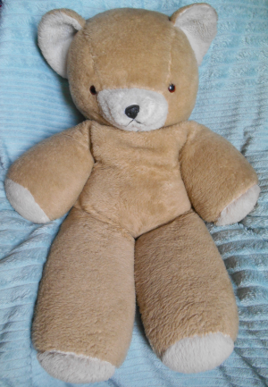 Ours en peluche de couleur beige, avec oreilles et extrémités des pattes blanches, sur fond bleu clair